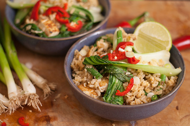 Thai fried rice with tofu beans pak choi lime and chilli