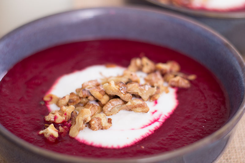 Beetroot apple and horseradish soup with walnuts and yoghurt