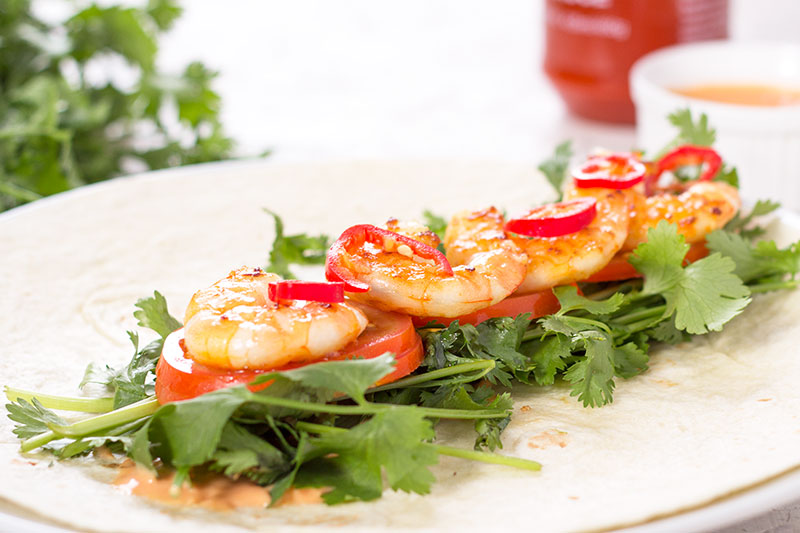 Aromatic prawn and coriander wrap on plate