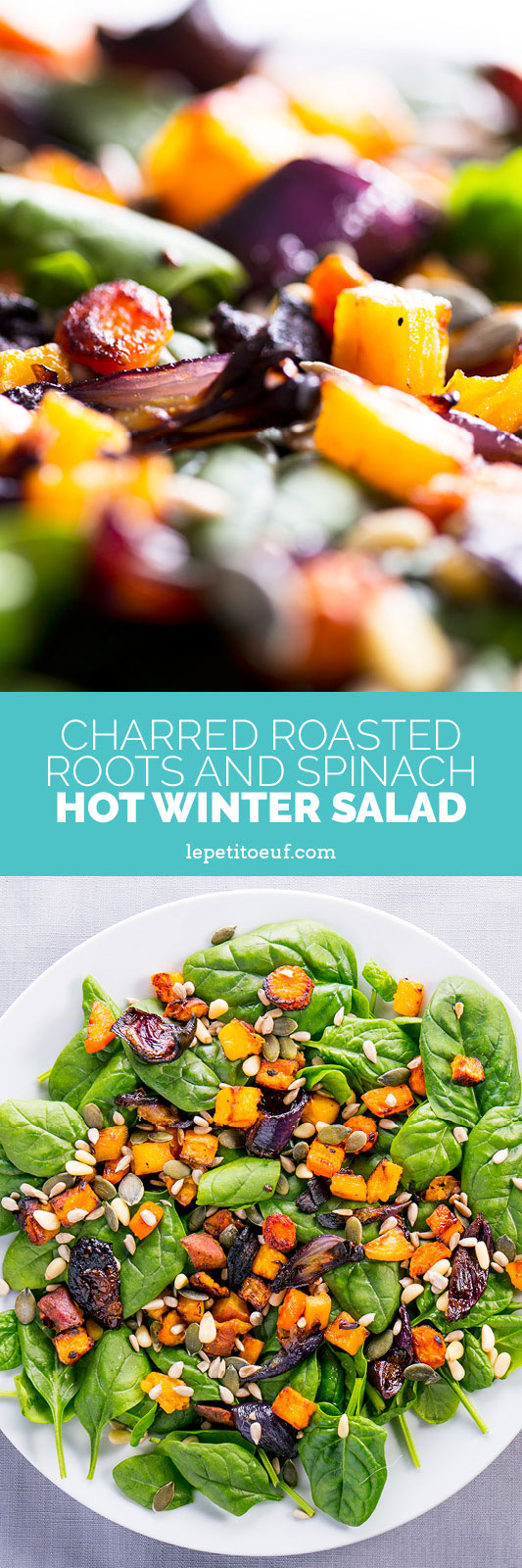 Charred roasted roots & spinach hot winter salad