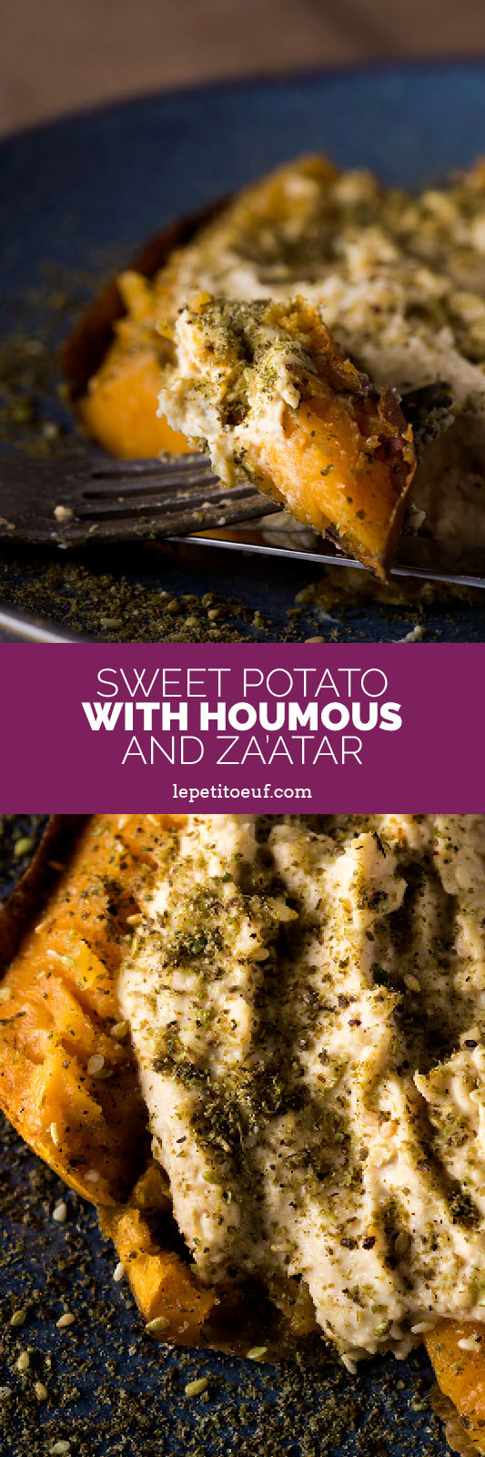 baked sweet potato with humous and za'atar