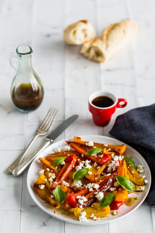 Balsamic roasted peppers with goat's cheese and basil make a beautifully summery side salad or vegetarian picnic dish, the vibrant colours and simple preparation make a star dish that requires very little input to create.