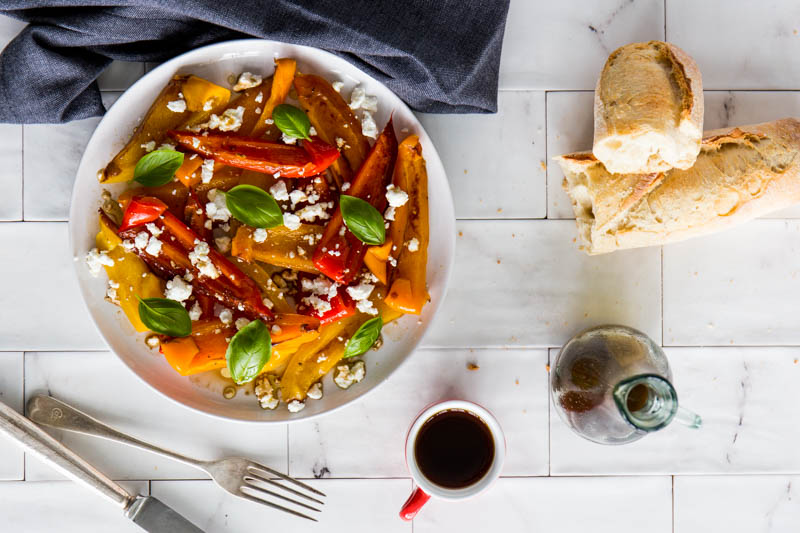 Balsamic roasted peppers with goat's cheese and basil make a beautifully summery side salad or vegetarian picnic dish, the vibrant colours and simple preparation make a star dish that requires very little input to create.