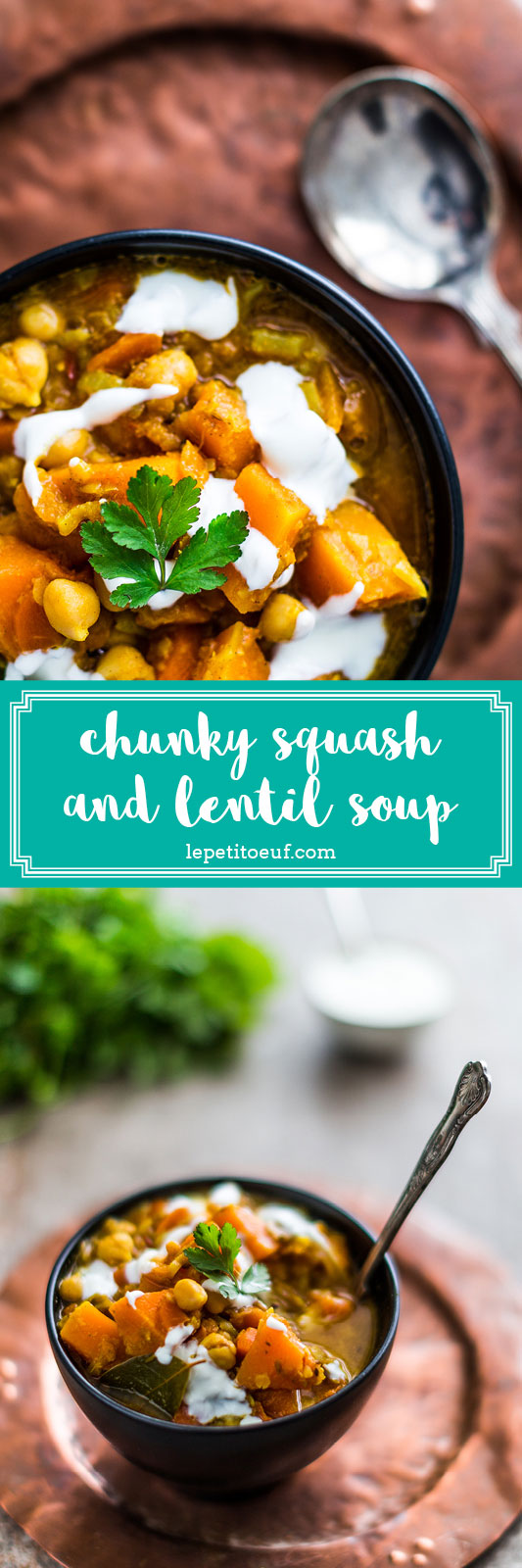 A filling and sustaining chunky soup loaded with goodness and hearty ingredients. This chunky butternut squash and lentil soup is a meal-in-a-bowl which virtually becomes a stew as the liquid is almost entirely soaked up by the lentils, chickpeas and squash. The Indian influenced spices have come in to play, featuring a warming host of flavours which will warm your cockles even when the temperature's so cold that the central heating doesn't. It's so good that it's my lunch bowl for the next three weeks, yes, I've just made a triple batch of this, giving me a happy fridge and freezer full of lunchtime joy.