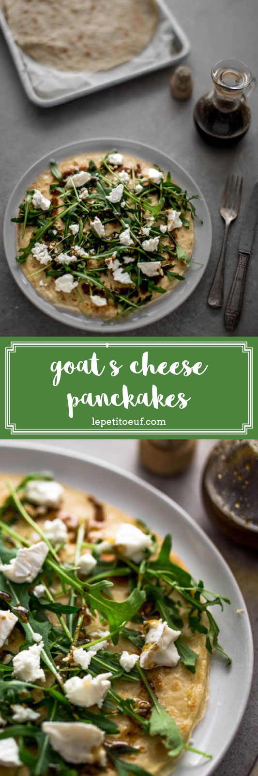Whether it's shrove tuesday or any other tuesday, you can always eat pancakes! Topped with crumbled goat's cheese, rocket and a rich, sweet pomegranate olive oil dressing, these savoury pancakes need very little prep so make an easy dinner. You can use the maple syrup on the next one!
