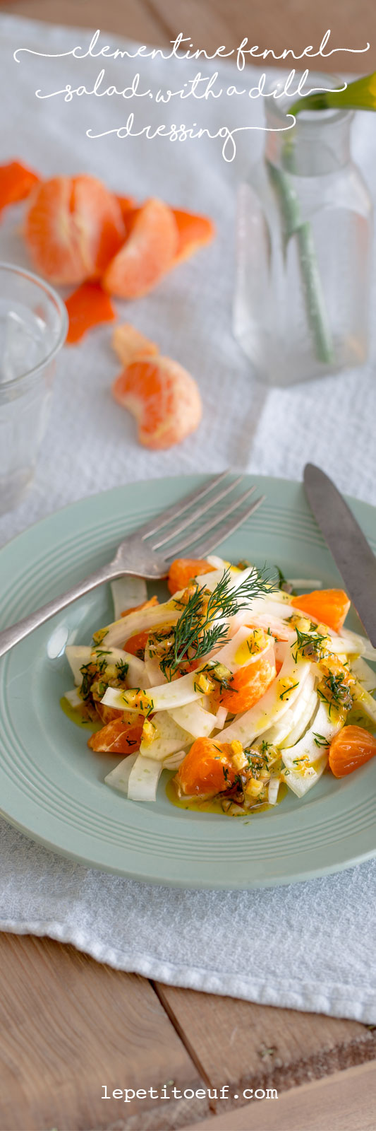 Clementine and fennel salad with a citrussy dill dressing, a light, sweet side salad with the zesty overtones of clementine and the uniquely aromatic flavour of dill, which pairs beautifully with citrus flavours. Anise-scented fennel is the ideal vegetable to base this salad upon, bumping it up to a full sized, slaw-esque side salad. Perfectly suited to light summer dinners, shared lunches, picnics or alongside fish. It’s vegetarian and vegan as well, plus dairy free so perfect for most diets.  