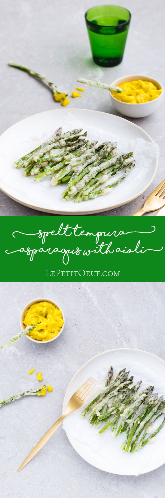 It's time to take advantage of the beautiful British asparagus season, what better way than simple spelt tempura asparagus, served with a delicious garlicky aioli. This may sound complicated, but they are such simple recipes that give a feeling of mastery and sound utterly seductive. These vegetarian dishes make beautiful starters which your guests will be seriously impressed with.