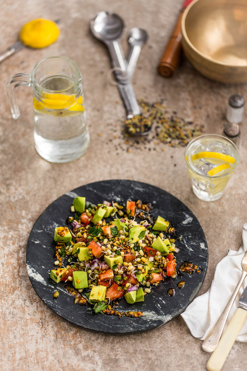 Here's a spicy, zingy Indian style sprouted bean salad which has been my default lunch option for a few weeks, because it ticks all my boxes for a great lunch. It's simple to make (once you've got the sprouts), it's ridiculously tasty with the combination of seeds, spices, lemon and chilli, plus it's got a big tick next to all the major nutrients we need. All this alongside it being completely vegan, it really couldn't be more versatile and all satisfying.