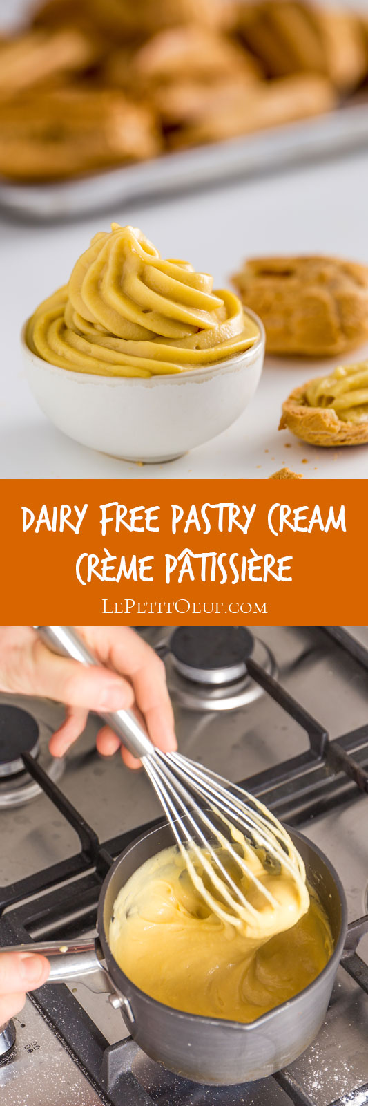 Dairy Free Pastry Cream, otherwise known as Crème Pâtissière is a sticky sweet custard filling for eclairs, profiteroles, doughnuts, cakes and any other patisserie or bake you care to make! It's made with just eggs, dairy free milk, sugar and flour, which gives a lusciously silky sweet sauce to create a sweet treat or dessert for your friends and family.
