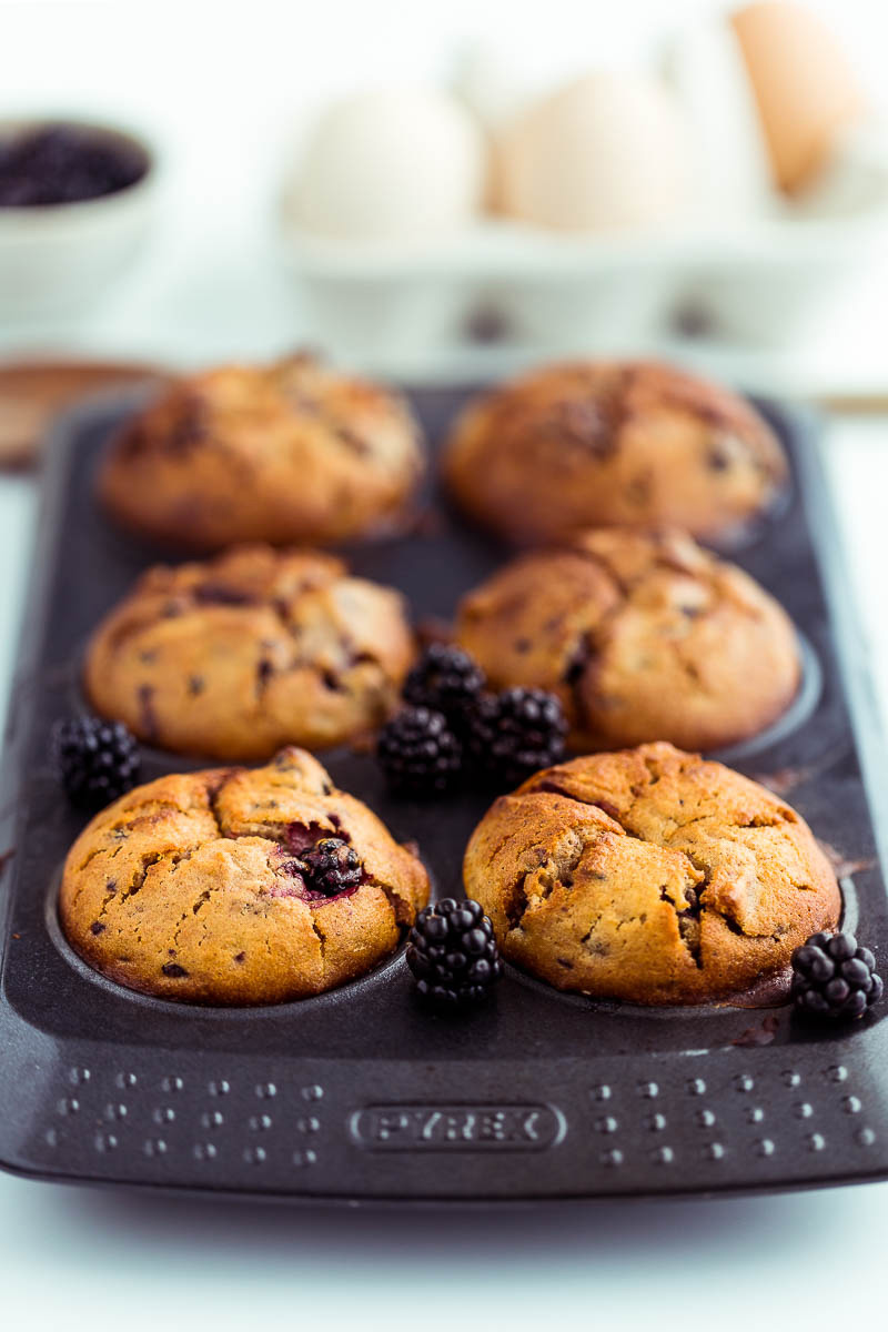 Soft and tender spelt blackberry and apple muffins, a recipe created from seasonal fruit picked directly from the plant, a dairy-free recipe using delicious spelt flour and the perfect natural pairing of blackberries and apples.