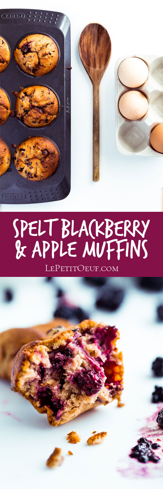 Soft and tender spelt blackberry and apple muffins, a recipe created from seasonal fruit picked directly from the plant, a dairy-free recipe using delicious spelt flour and the perfect natural pairing of blackberries and apples.